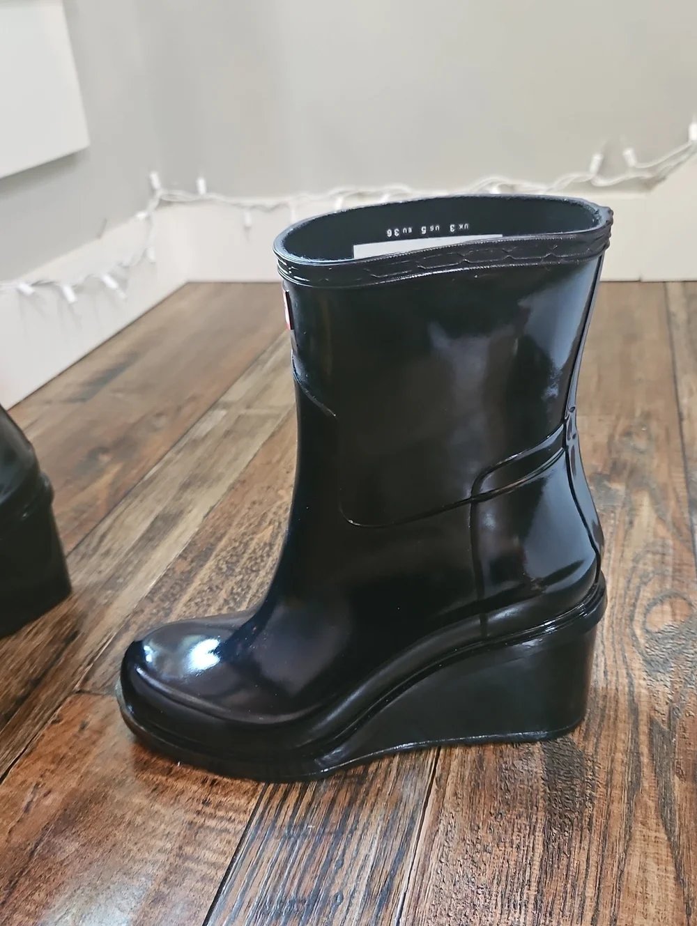 New! Hunter Wedge Heel Black Gloss Mid-Calf Rain Boots - Women's Waterproof